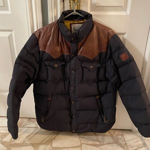 Penfield Navy Blue & Brown Leather Yoke Puffer Jacket